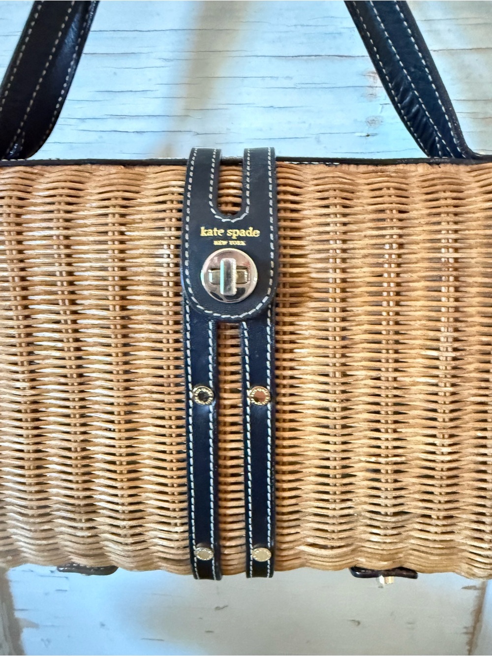 Vintage Kate Spade New York Wicker & Leather Satchel, Honey Rattan, + Dust Bag - Picture 3 of 15